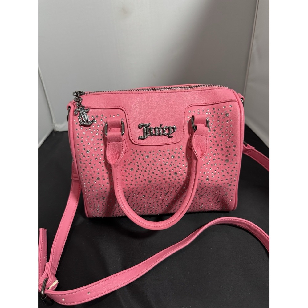 Juicy Couture Pink Embossed Heart Satchel Crossbody Bag Handbag Embellished Y2K - Picture 2 of 12